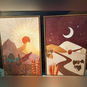 Moon & Sun Desert Southwest High Quality Print Art Set on Canvas with Wood Frame